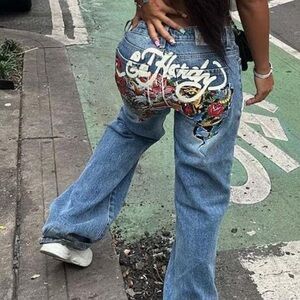 Ed Hardy Women’s Sz 28 Painted Tattoo Baggy jeans High Waist Blue Bootcut NWT